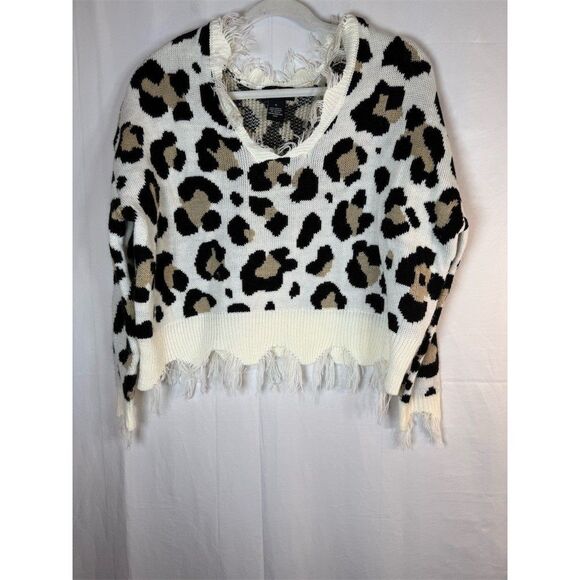 Just Polly Sweater Womens Small Ivory Leopard Print Distressed - Picture 3 of 11